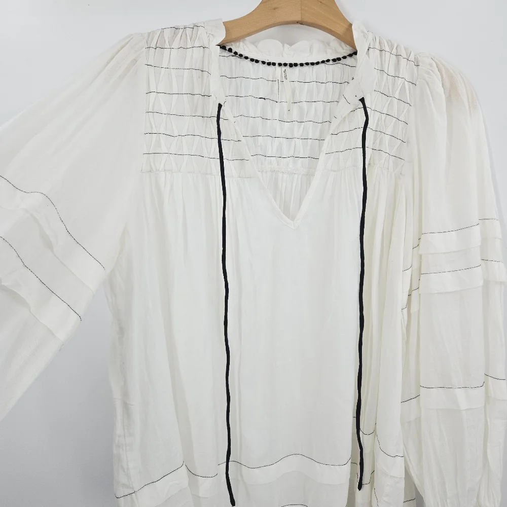 Anthropologie‎ Blouse White Cotton Smocked Peasant Long Sleeve